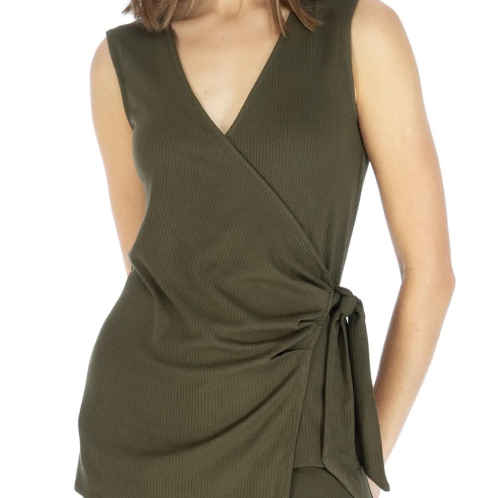Olive Green V-Neck Rib Wrap Tank Top, Bobeau